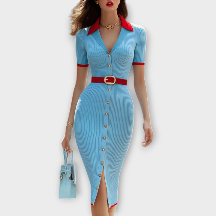 Sina - Stylové pastelově modré žebrované úzké šaty