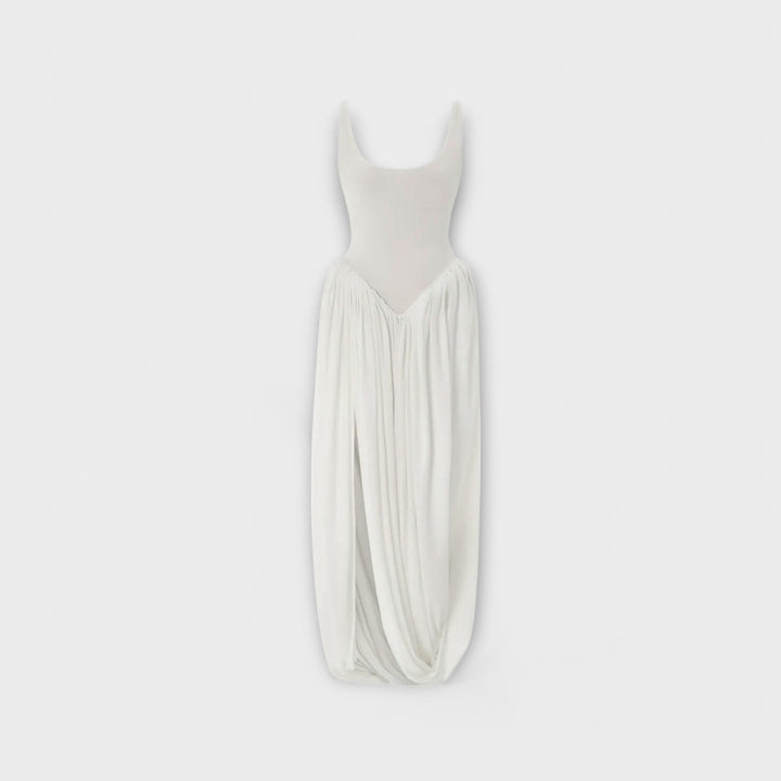 Maxi šaty s drapovanou sukní a bočním rozparkem