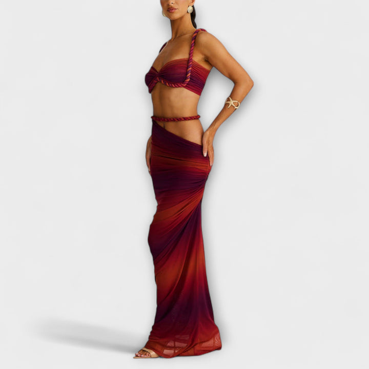 Jane - Stylový gradientový pletený crop top a overskirt duo