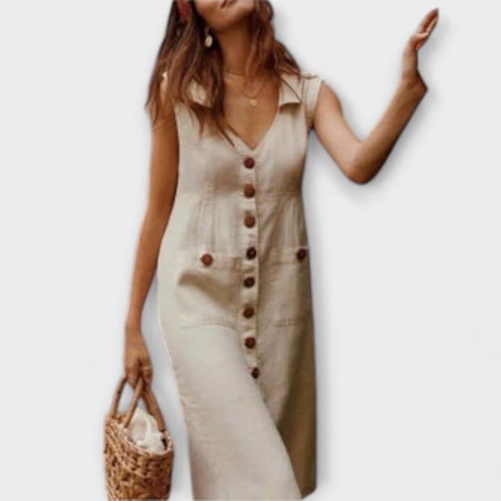 Nora – A-Linie Šaty z Bavlny a Lnu s Výstřihem do V